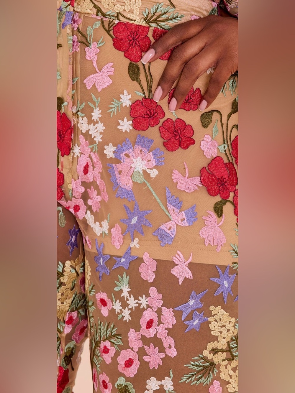 Fashion Nova Nude Sheer Embroidered Floral Suit Pants - Picture 6 of 9